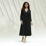 Black Handspun Cotton Drop Shoulder Midi Wrap Dress