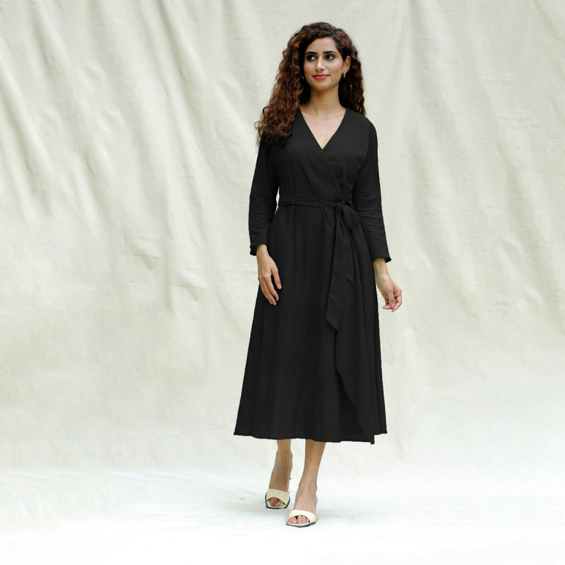 Black Handspun Cotton Drop Shoulder Midi Wrap Dress
