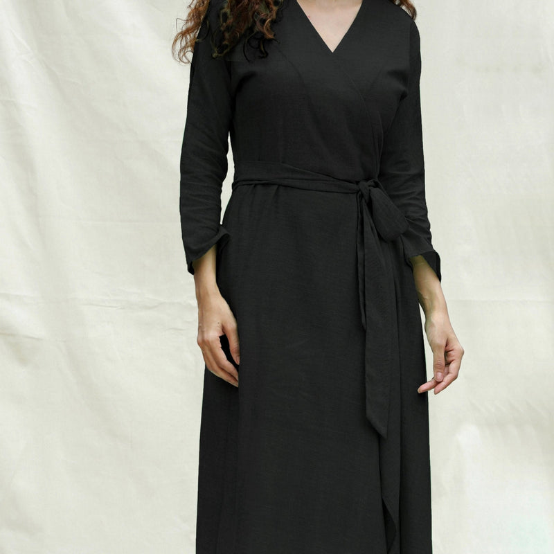 Black Handspun Cotton Drop Shoulder Midi Wrap Dress