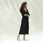 Black Handspun Cotton Drop Shoulder Midi Wrap Dress
