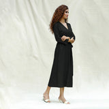 Black Handspun Cotton Drop Shoulder Midi Wrap Dress