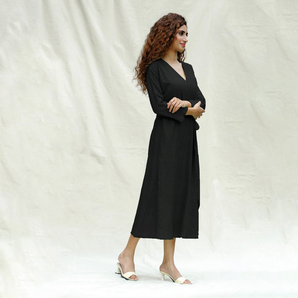 Black Handspun Cotton Drop Shoulder Midi Wrap Dress