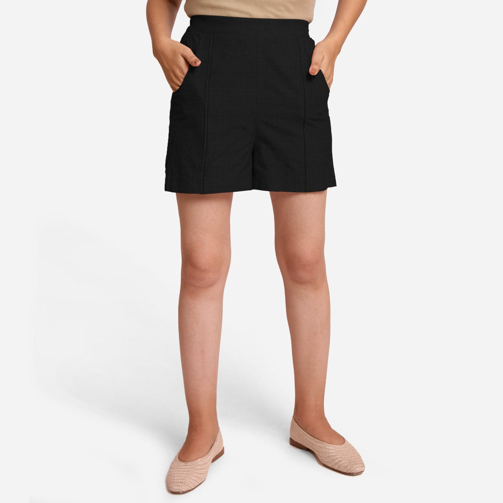 Black Handspun Cotton Elasticated Casual Shorts