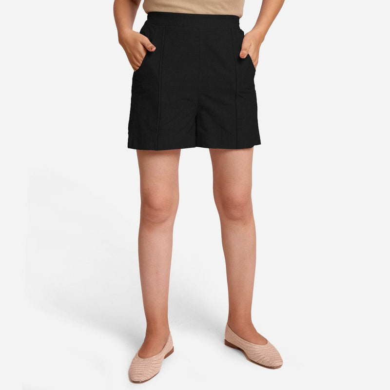 Black Handspun Cotton Elasticated Casual Shorts
