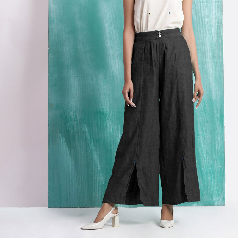 Black Handspun Cotton Elasticated Mid-Rise Wide Legged Pant