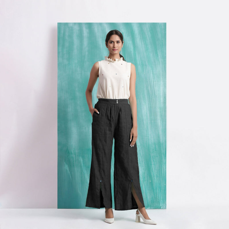 Black Handspun Cotton Elasticated Mid-Rise Wide Legged Pant