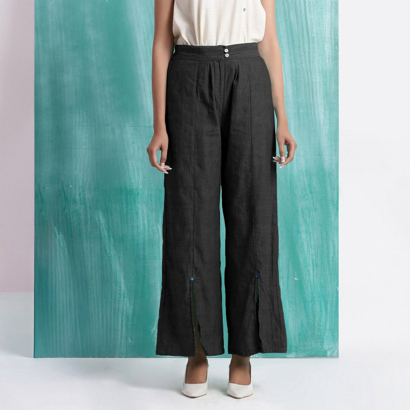 Black Handspun Cotton Elasticated Mid-Rise Wide Legged Pant
