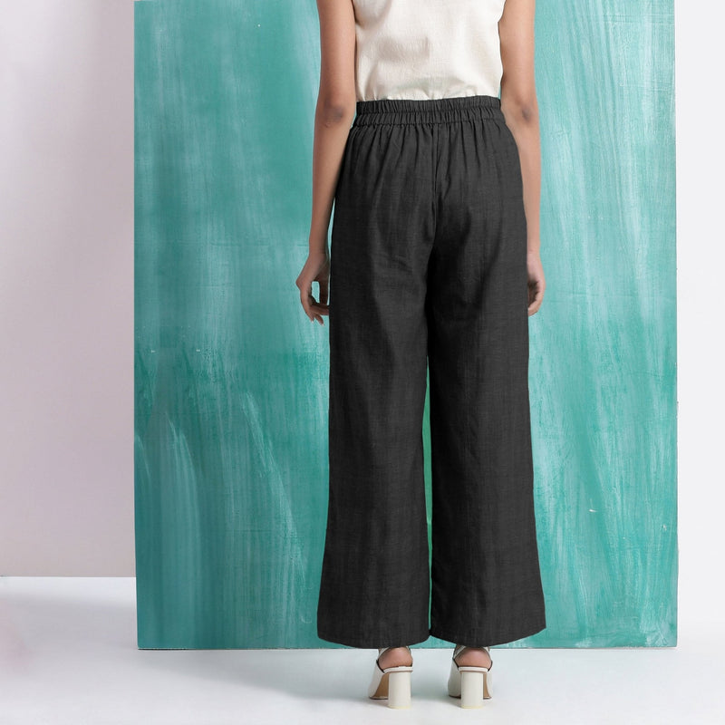 Black Handspun Cotton Elasticated Mid-Rise Wide Legged Pant