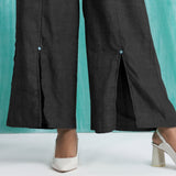 Black Handspun Cotton Elasticated Mid-Rise Wide Legged Pant