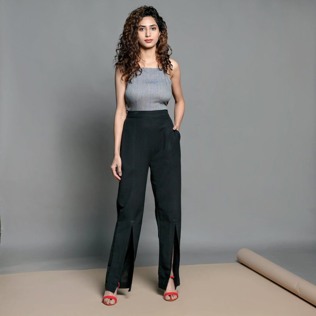 Front View of a Model wearing Black Handspun Cotton Elasticated High-Rise Slit Pant