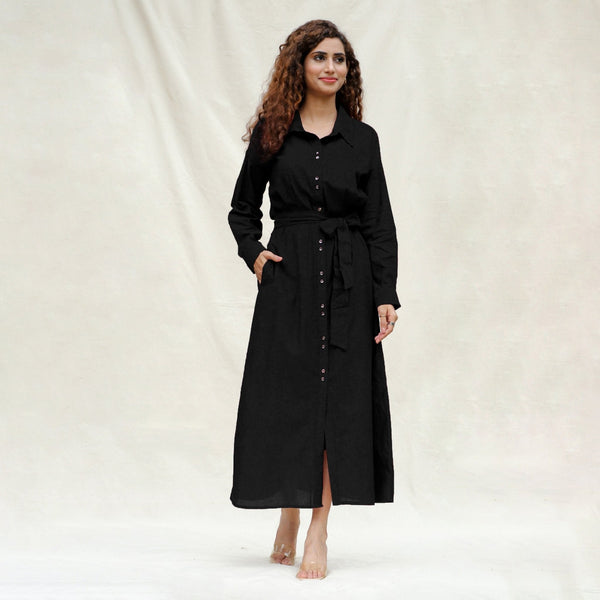 Black Handspun Cotton Pleated Button-Down Maxi Dress