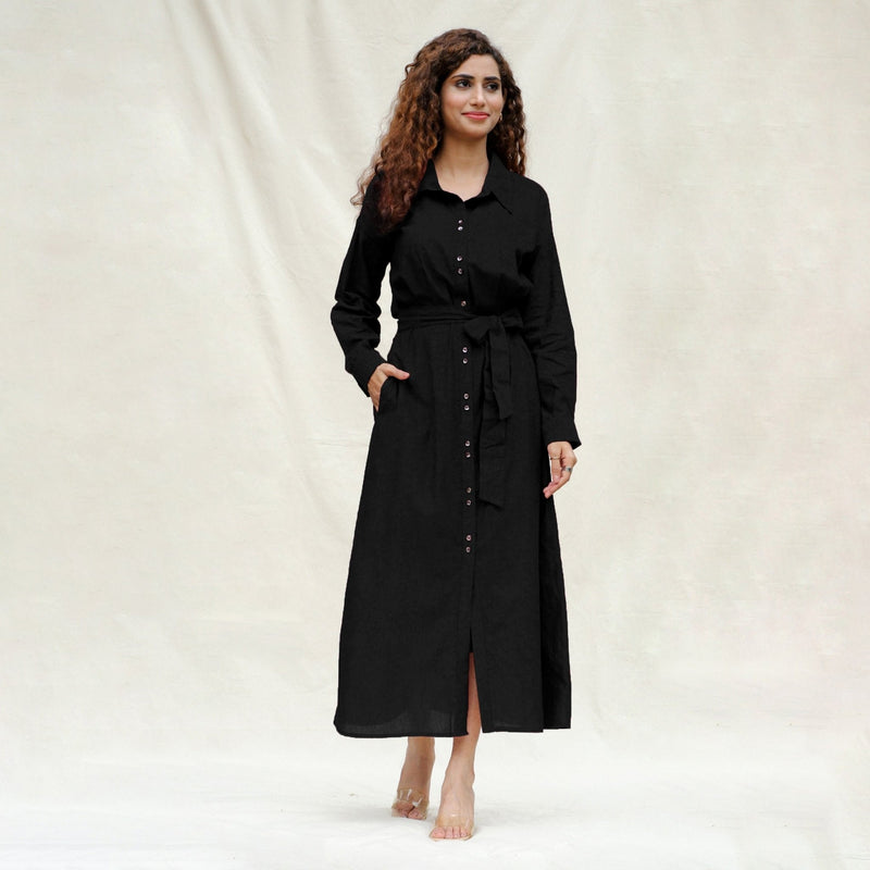 Black Handspun Cotton Pleated Button-Down Maxi Dress