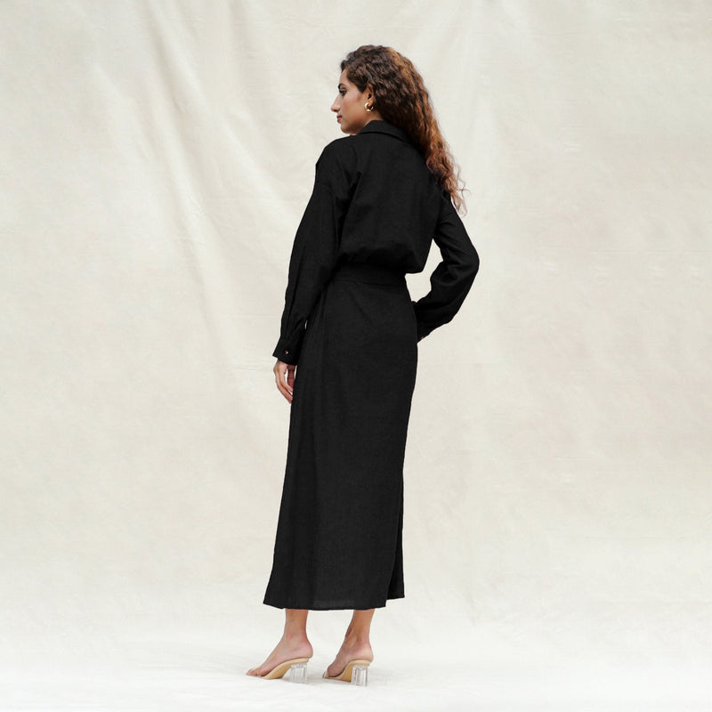 Black Handspun Cotton Pleated Button-Down Maxi Dress