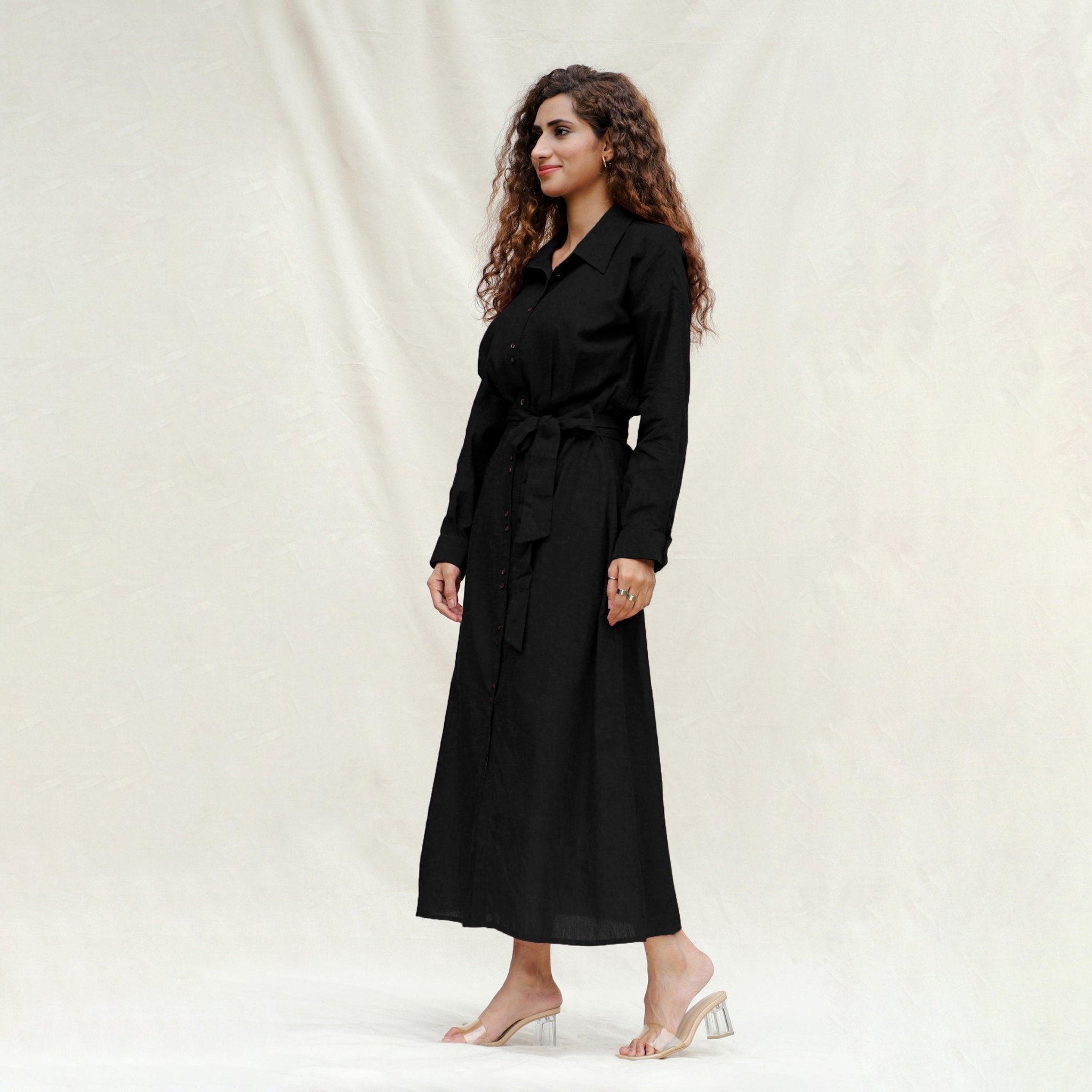 Black Handspun Cotton Pleated Button-Down Maxi Dress