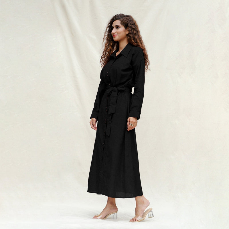 Black Handspun Cotton Pleated Button-Down Maxi Dress