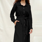 Black Handspun Cotton Pleated Button-Down Maxi Dress