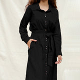 Black Handspun Cotton Pleated Button-Down Maxi Dress