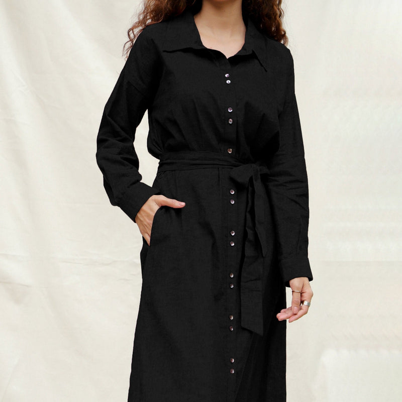 Black Handspun Cotton Pleated Button-Down Maxi Dress