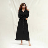 Black Handspun Cotton Pleated Button-Down Maxi Dress