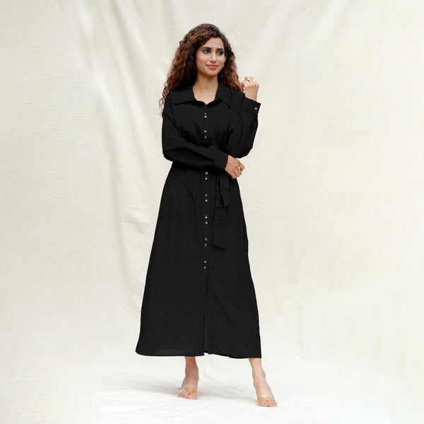 Black Handspun Cotton Pleated Button-Down Maxi Dress