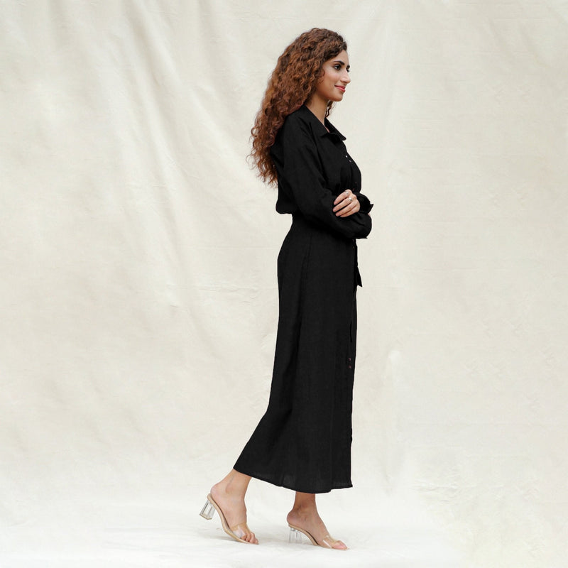 Black Handspun Cotton Pleated Button-Down Maxi Dress