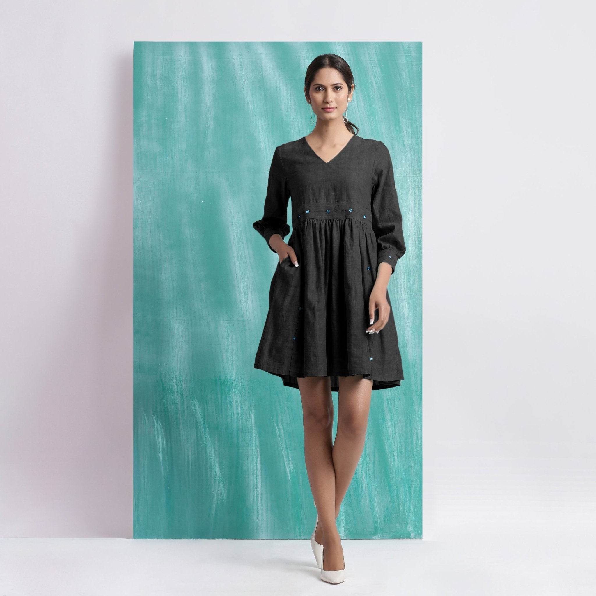 Black Handspun Cotton V-Neck Gathered Short Dress
