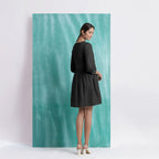Black Handspun Cotton V-Neck Gathered Short Dress