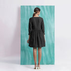 Black Handspun Cotton V-Neck Gathered Short Dress