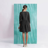Black Handspun Cotton V-Neck Gathered Short Dress