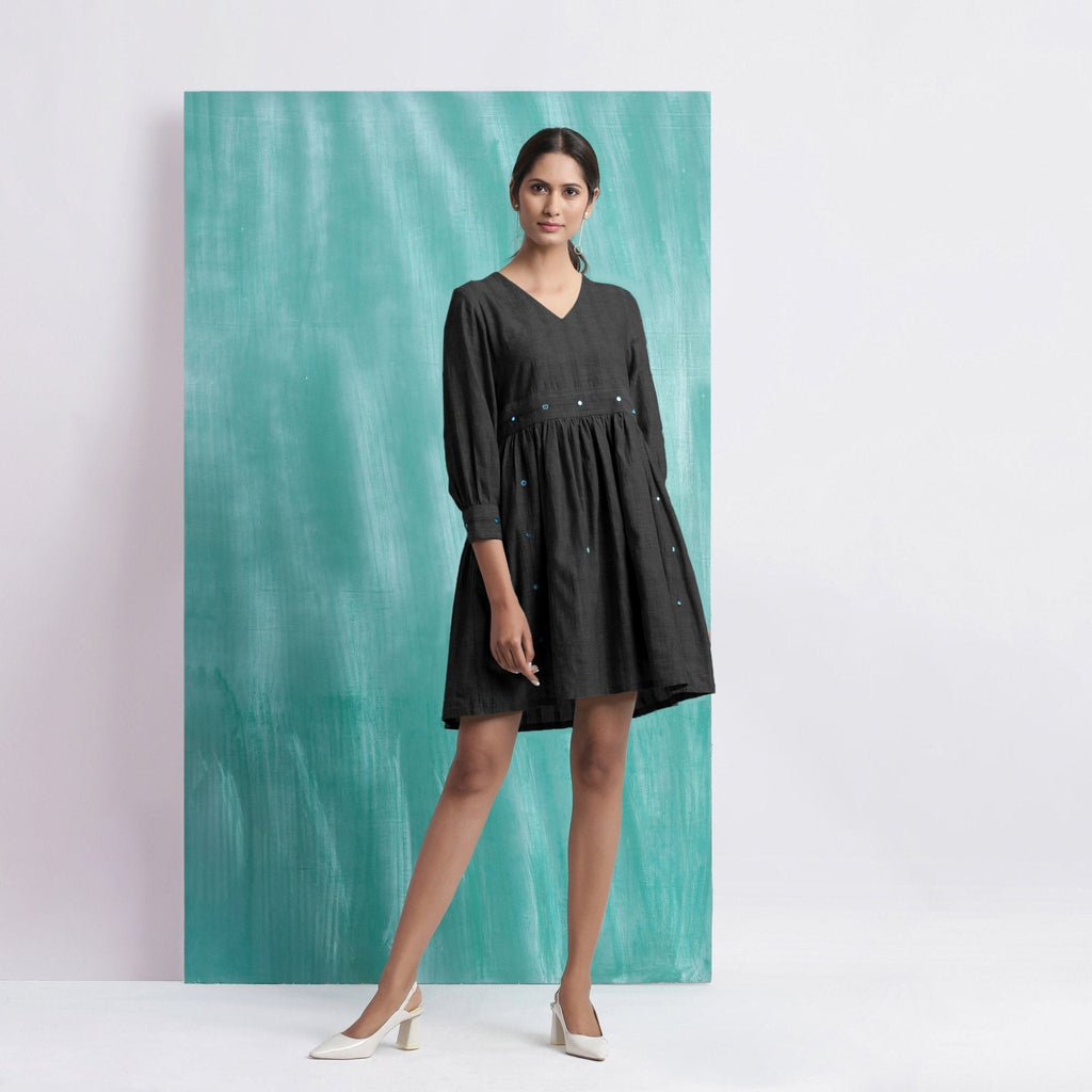 Black Handspun Cotton V-Neck Gathered Short Dress