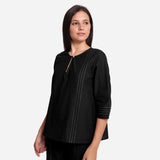 Black Handspun Yarn-Dyed Cotton Split Neck Top