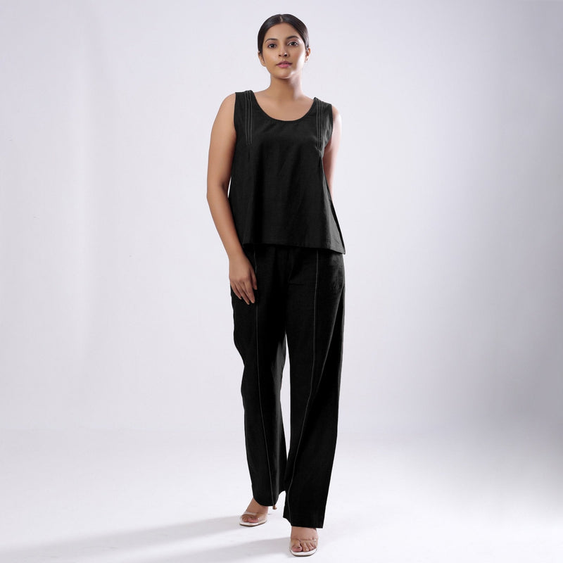 Black Handspun Yarn-Dyed Cotton V-Neck Top