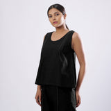 Black Handspun Yarn-Dyed Cotton V-Neck Top
