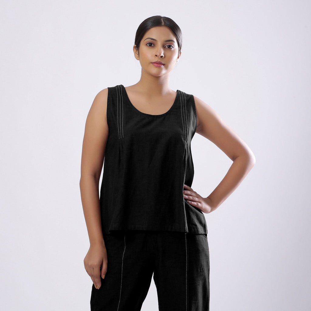 Black Handspun Yarn-Dyed Cotton V-Neck Top