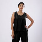 Black Handspun Yarn-Dyed Cotton V-Neck Top