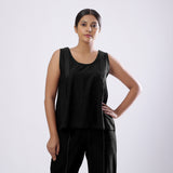 Black Handspun Yarn-Dyed Cotton V-Neck Top