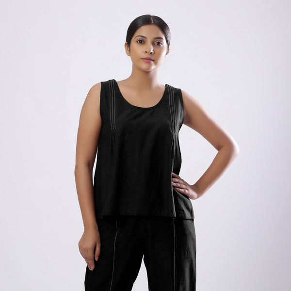 Black Handspun Yarn-Dyed Cotton V-Neck Top