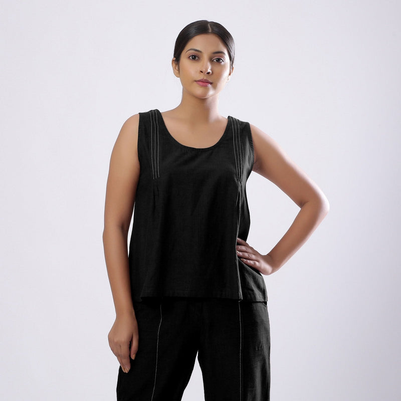 Black Handspun Yarn-Dyed Cotton V-Neck Top