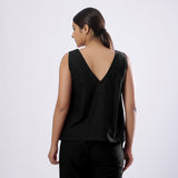 Black Handspun Yarn-Dyed Cotton V-Neck Top