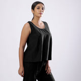 Black Handspun Yarn-Dyed Cotton V-Neck Top