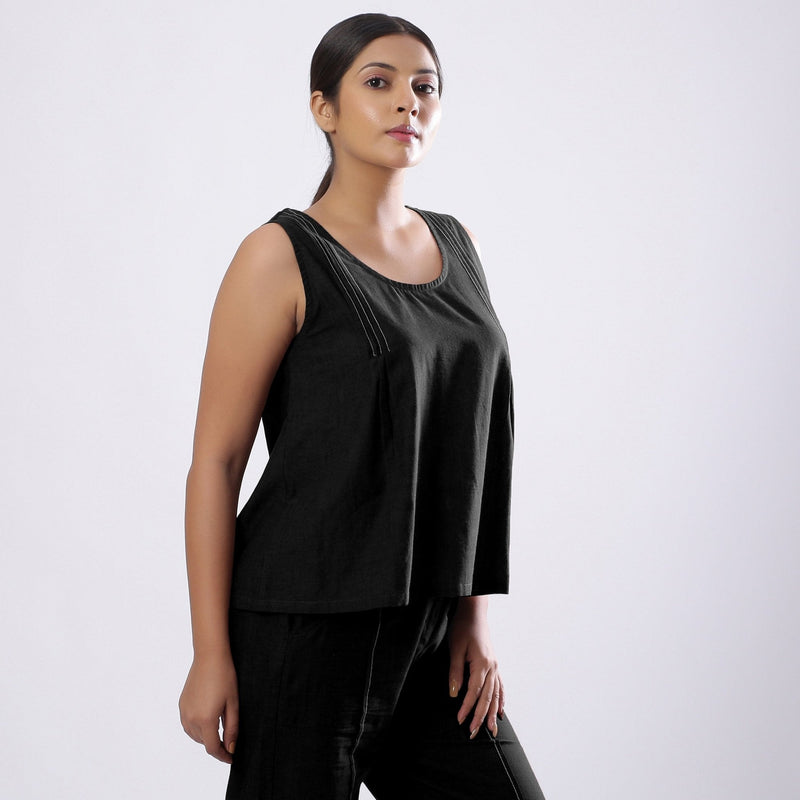 Black Handspun Yarn-Dyed Cotton V-Neck Top