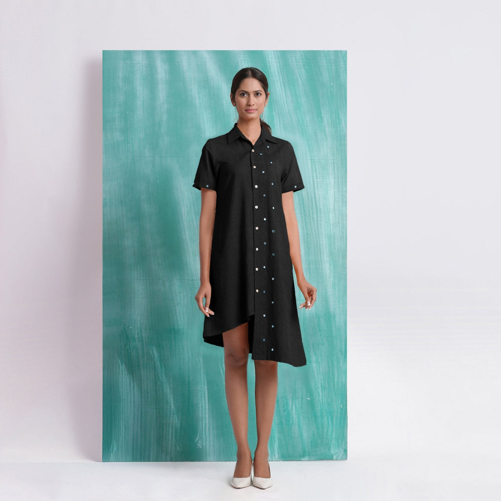 Black Mirror Work Cotton Knee Length Asymmetrical Dress