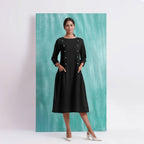 Black Mirror Work Embroidered Cotton Paneled Midi Dress