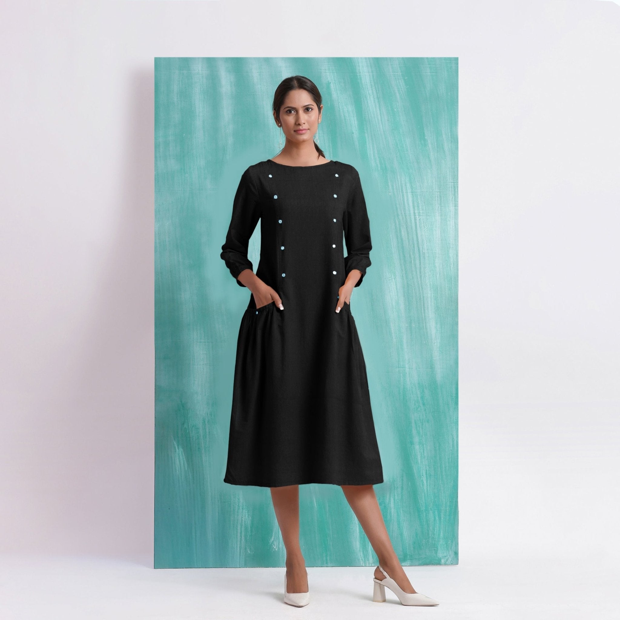 Black Mirror Work Embroidered Cotton Paneled Midi Dress