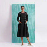 Black Mirror Work Embroidered Cotton Paneled Midi Dress