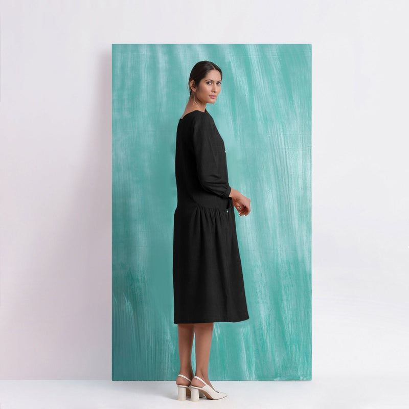 Black Mirror Work Embroidered Cotton Paneled Midi Dress