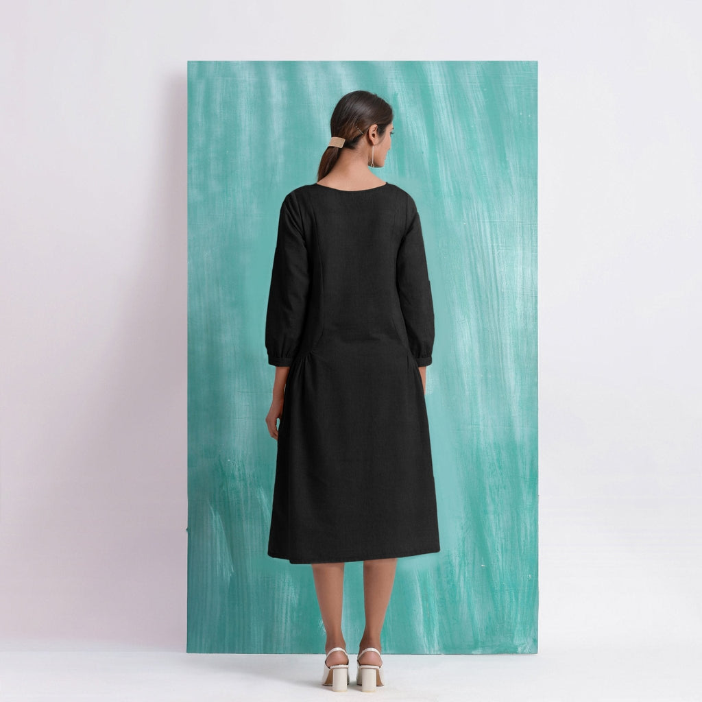 Black Mirror Work Embroidered Cotton Paneled Midi Dress