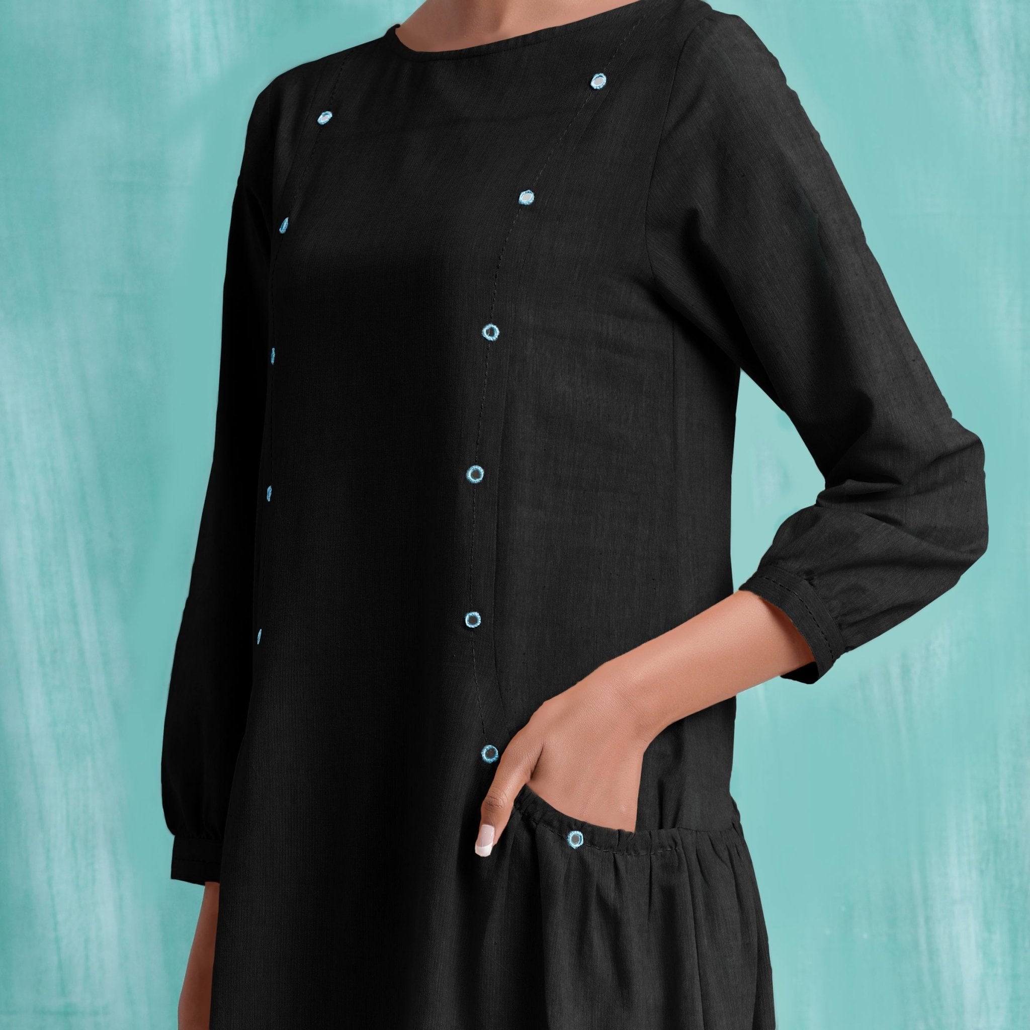 Black Mirror Work Embroidered Cotton Paneled Midi Dress