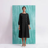 Black Mirror Work Embroidered Cotton Paneled Midi Dress