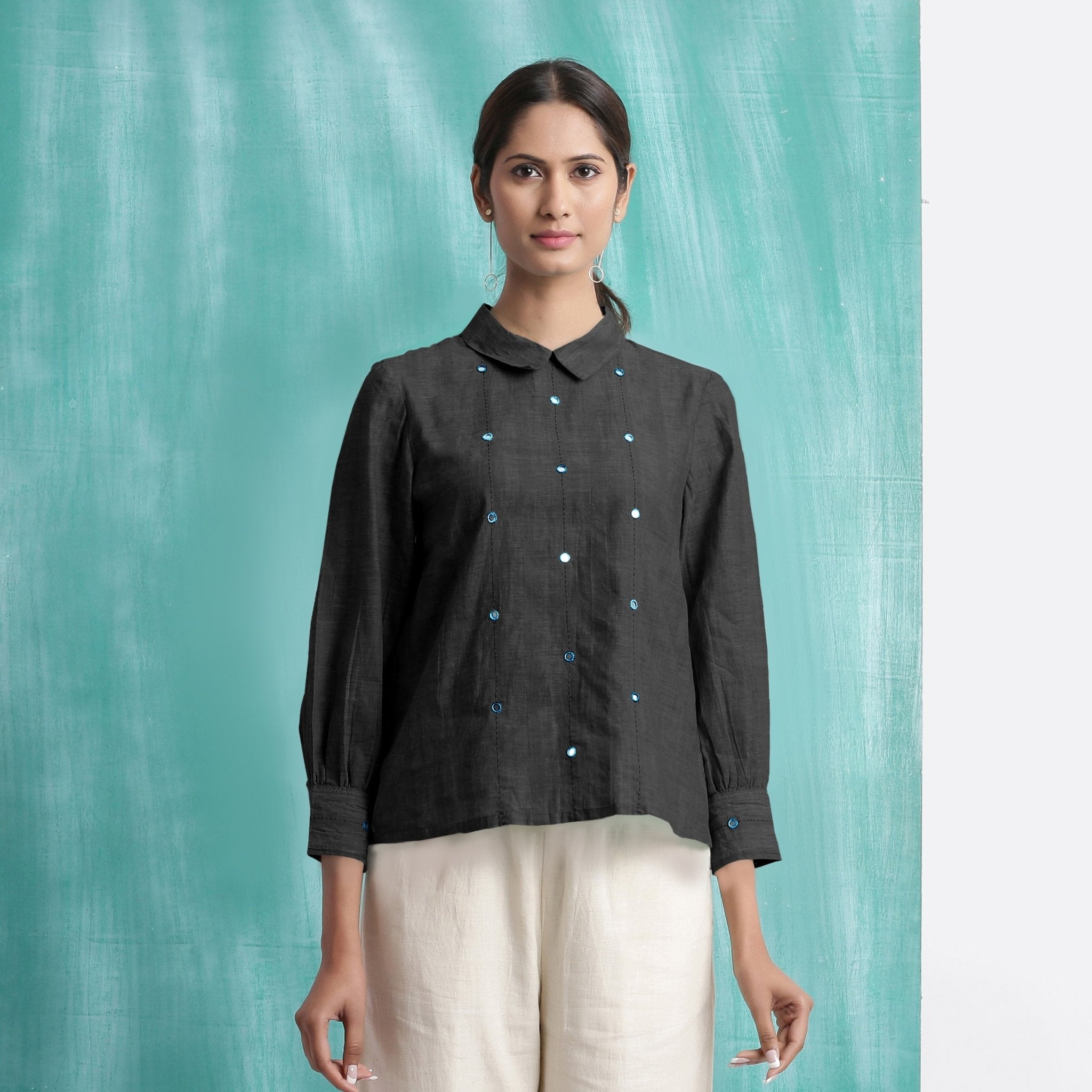 Black Mirror Work Handspun Cotton Blouse Top